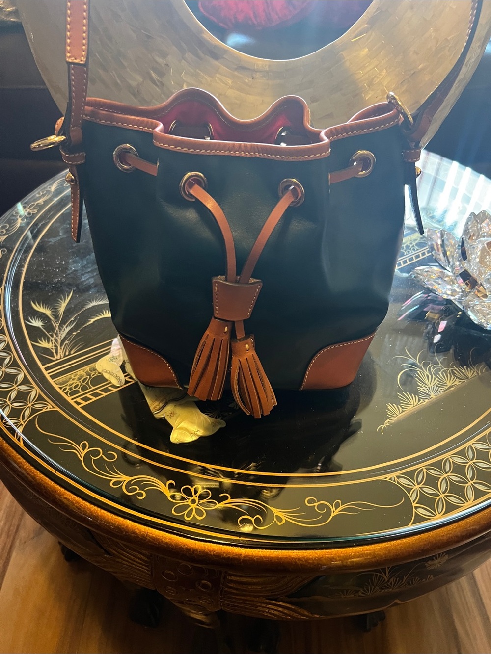 Dooney & Bourke Black and Brown Leather Drawstring Hobo